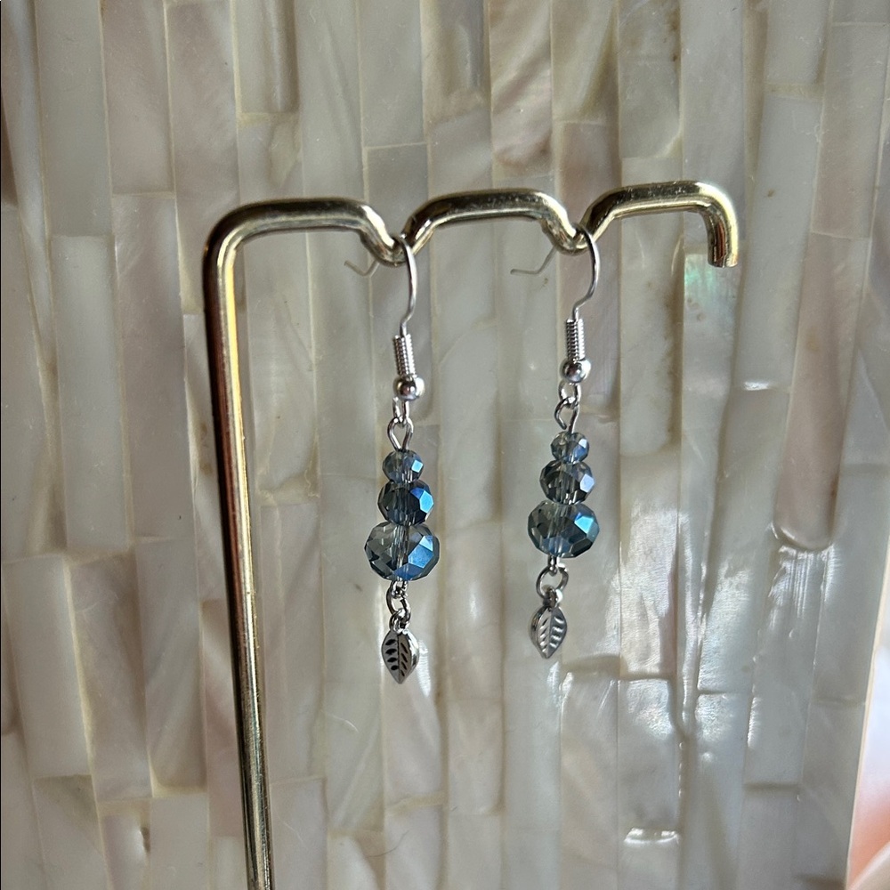 Elegant Silver and Blue Beaded Leaf Earrings